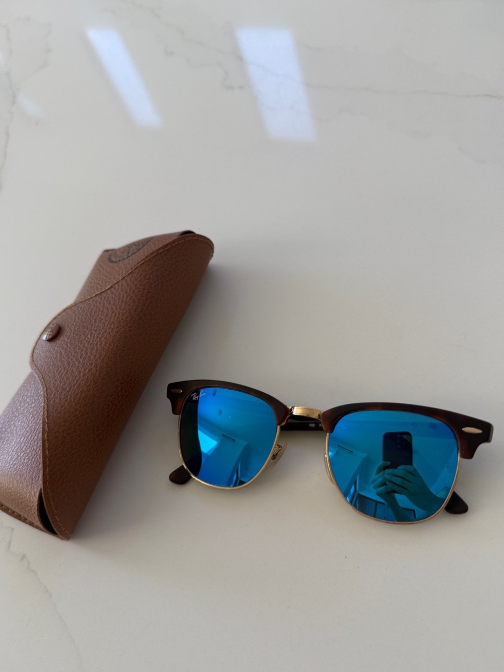 Ray-Ban Blue Mirrored Lens Clubmaster-Style Sunglasses